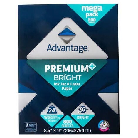 Advantage Premium Bright Ink Jet and Laser Paper, 8.5"x11" Letter, White, 24lb, 97 Bright, 1 Ream of 800 Sheets