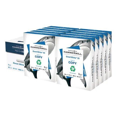 Hammermill Great White, 30% Recycled Printer Paper, Letter, 20lb, 92-Bright, 10 Reams of 500 sheets