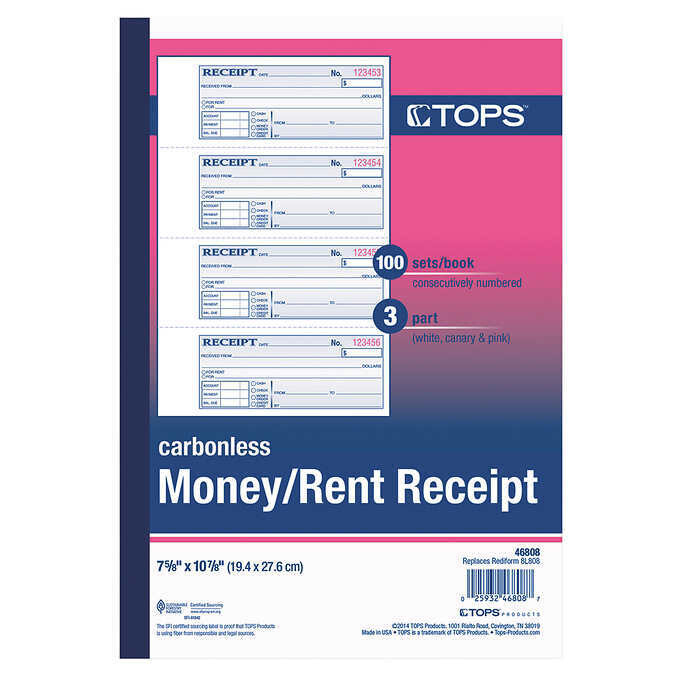 TOPS Carbonless Three-Part Money/Rent Receipt Books, 2 3/4" x 7 1/8" 300-count