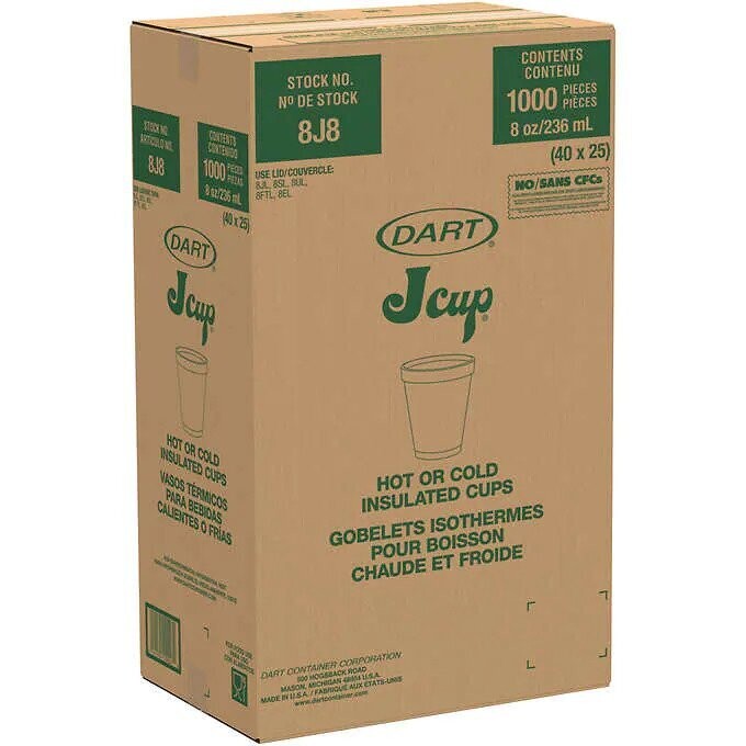 Dart 8 oz White Foam Cups, 1000-count