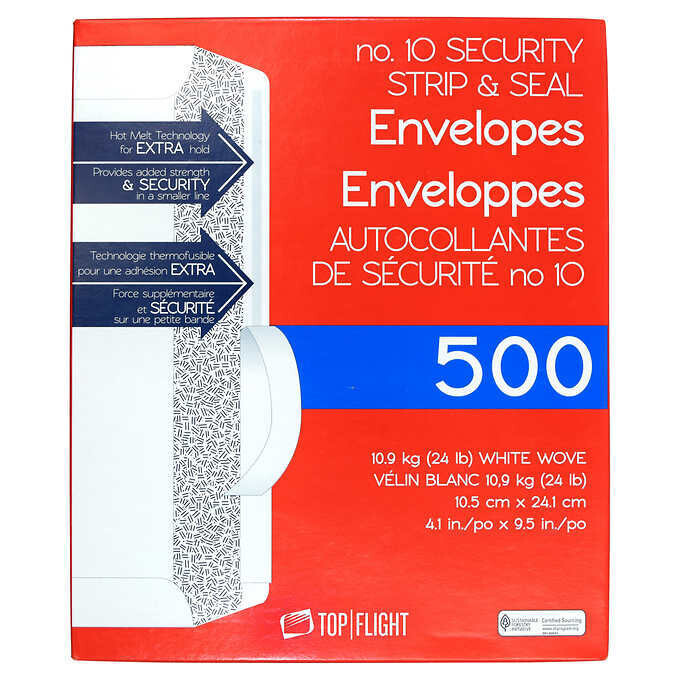 Top Flight #10 Security Strip & Seal Envelopes, 24lb, 4 1/8"x9 1/2" 500-count