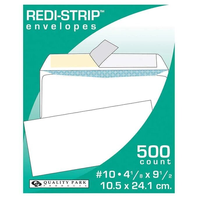 Quality Park #10 Redi-Strip Security Envelope, 24 lb, White, 500 ct