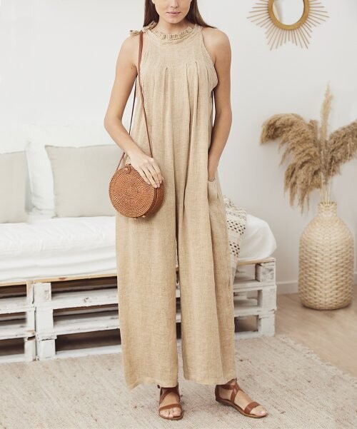 Camel Linen Sleeveless Wide-Leg Jumpsuit