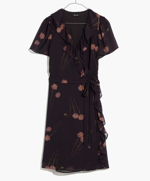 Black Photo Floral Georgette Wrap Dress