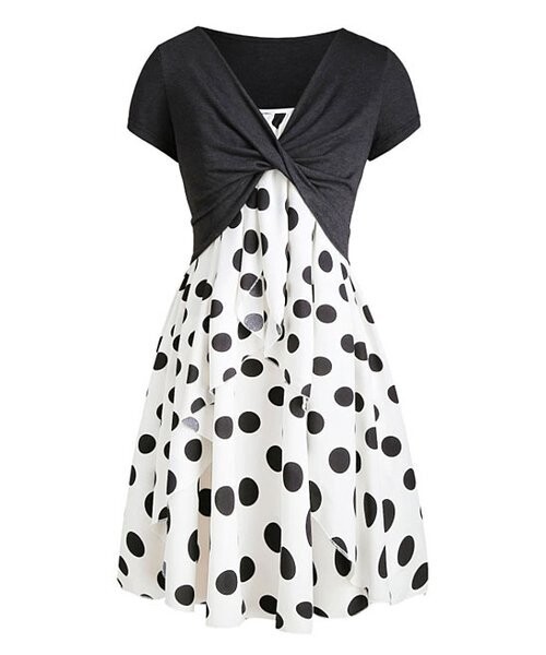 Black Twist Crop Top & White Polka Dot Sleeveless Dress