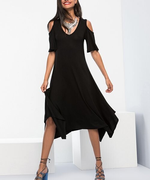 Black Handkerchief-Hem Cold-Shoulder Dress