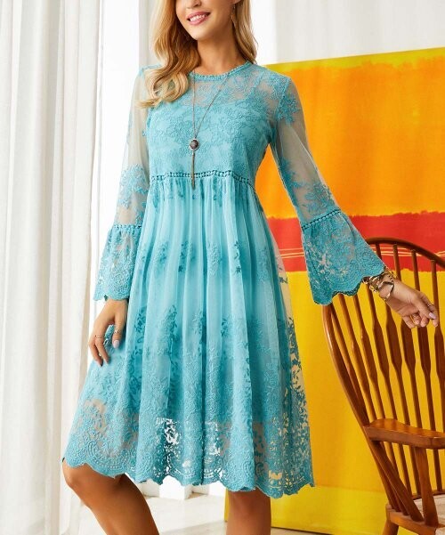 Dusty Blue Lace Flare-Sleeve a-Line Dress Dusty Blue Lace Flare-Sleeve a-Line Dress