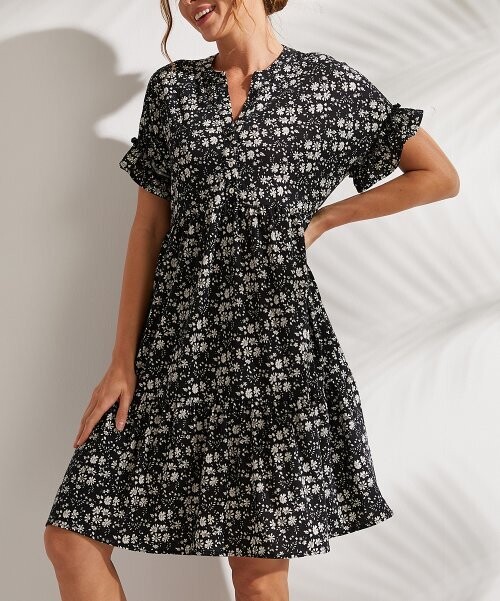 Black & White Floral Button-Front Shift Dress