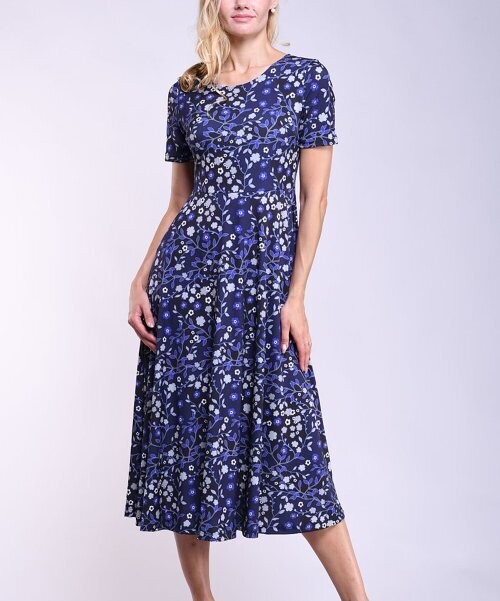 Gray & Blue Floral Short-Sleeve Midi Dress Gray & Blue Floral Short-Sleeve Midi Dress