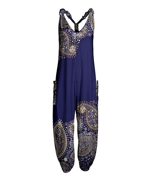 Navy & Gold Paisley Racerback Jumpsuit
