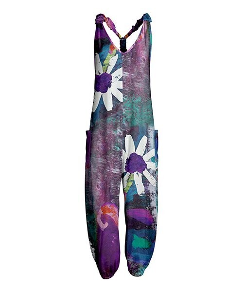 Purple & Turquoise Floral Racerback Pocket Jumpsuit