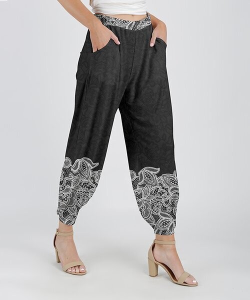 Gray & White Lace-Print Pocket Harem Pants