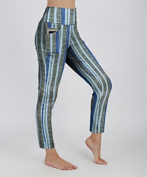 Blue & Gray Knit-Print Stripe High-Waist Pocket Leggings