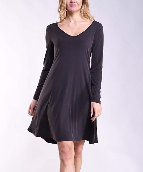 Charcoal Brown Long-Sleeve V-Neck Shift Dress