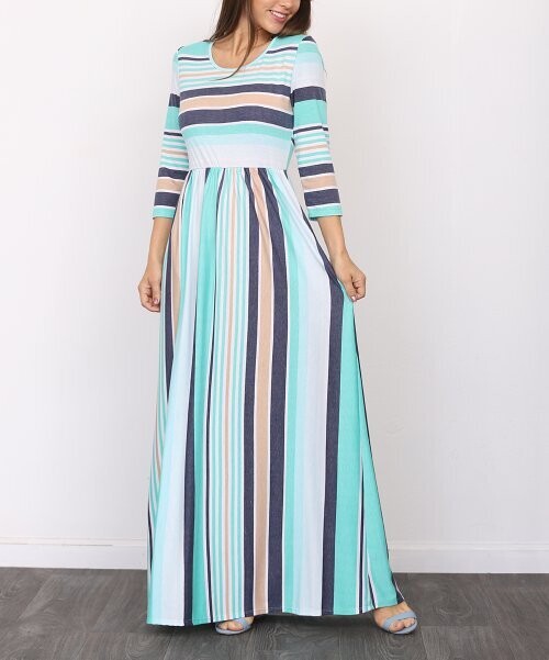 Aqua & Navy Stripe Three-Quarter Sleeve Maxi Dress