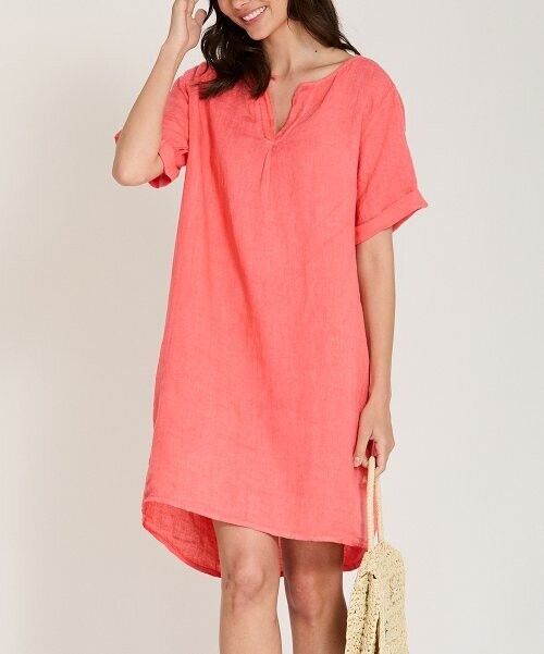 Coral Linen Notch Neck Shift Dress