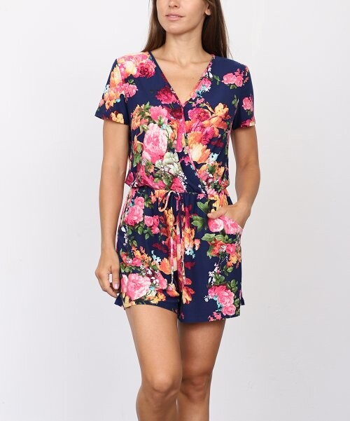 Navy Floral Pocket Surplice Romper