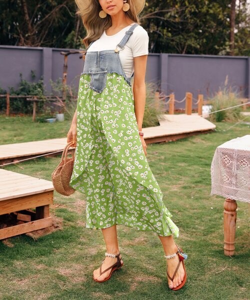 Green Floral & Denim Suspender Maxi Dress