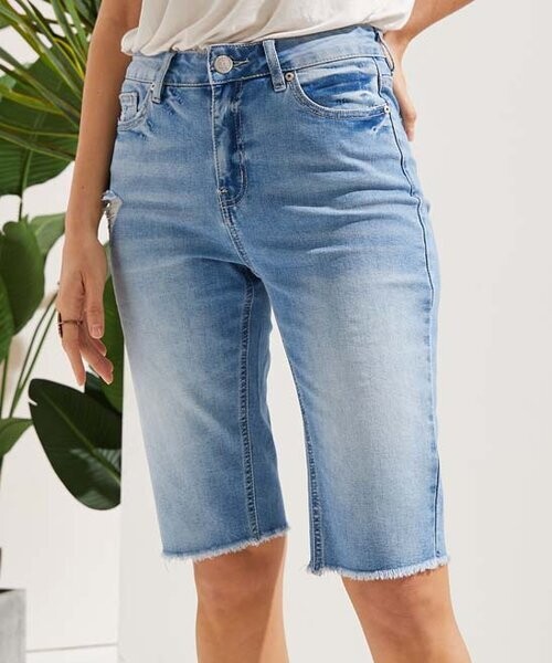 Medium Wash Raw-Hem High-Rise Bermuda Shorts
