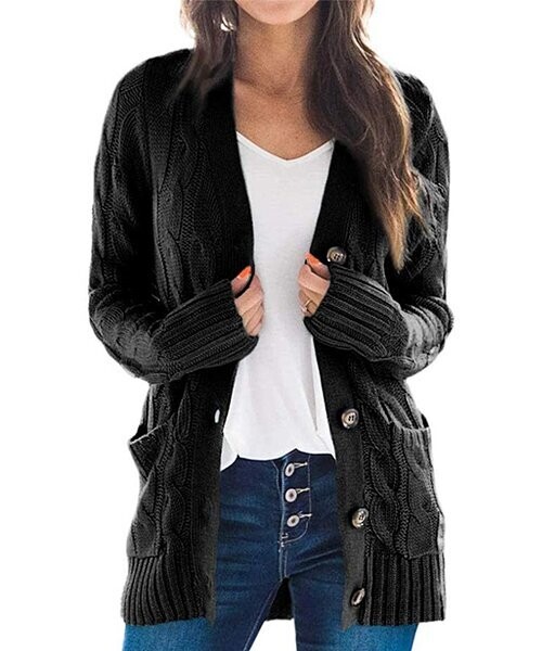 Black Cable-Knit Side-Pocket Cardigan