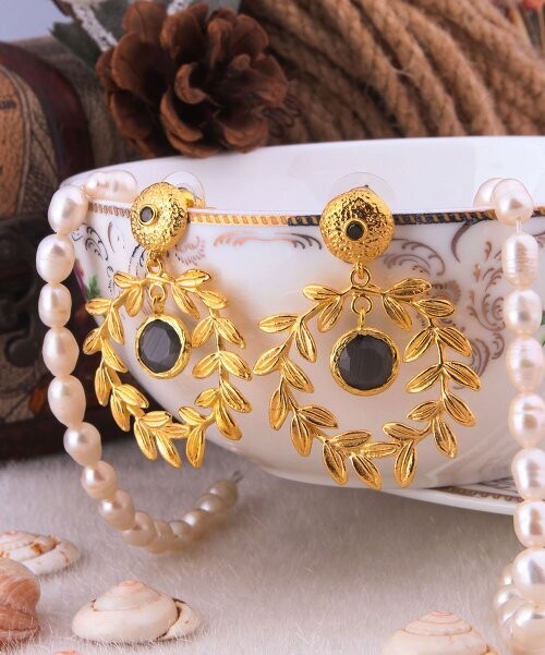 Black Zircon & 14k Gold-Plated Leaf Wreath Drop Earrings