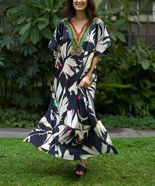 Black & White Floral V-Neck Caftan