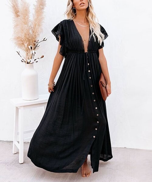 Black Button-Down Double V-Neck Maxi Dress