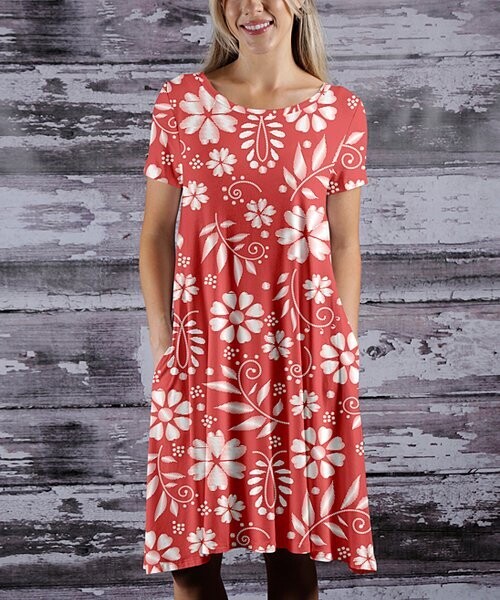 Coral & White Floral Pocket A-Line Dress Coral & White Floral Pocket A-Line Dress