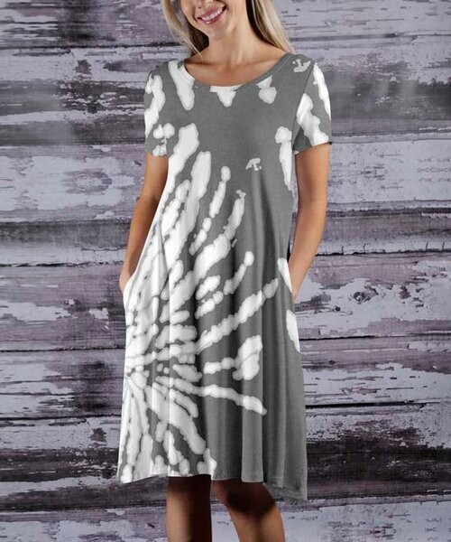 Gray & White Tie-Dye Short-Sleeve Pocket Shift Dress