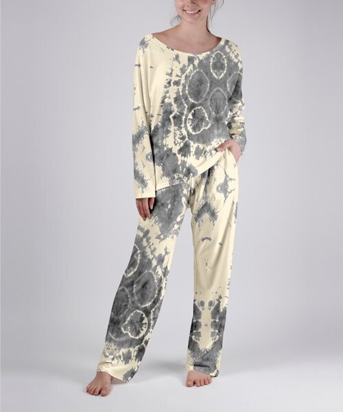 Cream & Gray Tie-Dye Long-Sleeve Top & Pocket Lounge Pants