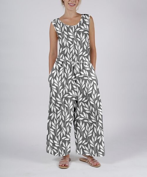 Gray & White Leaves Pocket Sleeveless Jumpsuit