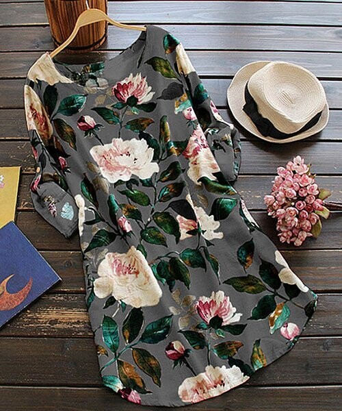 Gray Rose Roll-Tab Sleeve Shift Dress