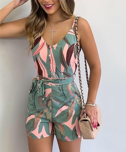 Green Foliage Belted Sleeveless Romper
