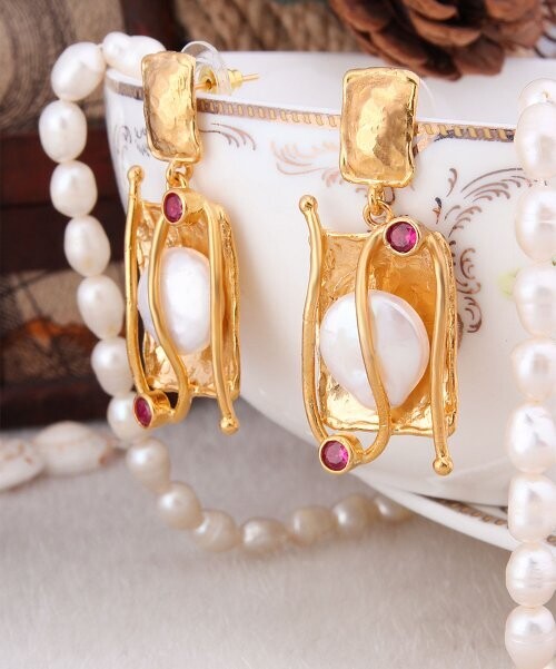 Pink Zircon & Cultured Pearl Drop Earrings