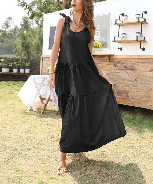 Black Tie-Strap Tiered Maxi Dress