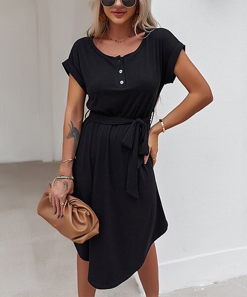 Black Belted Button-Front Curved-Hem Midi Dress Black Belted Button-Front Curved-Hem Midi Dress