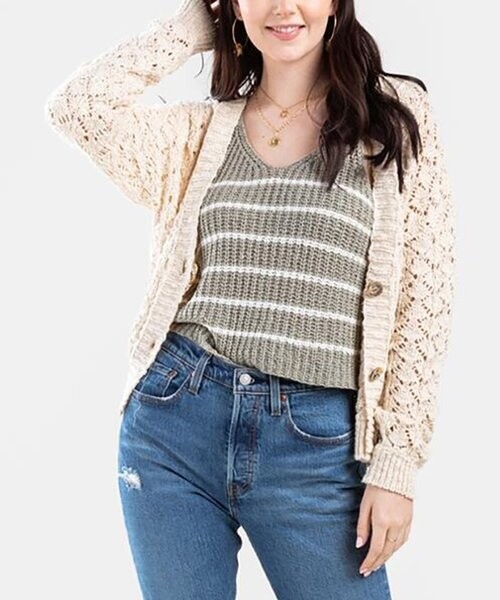Taupe Pointelle-Weave Cardigan