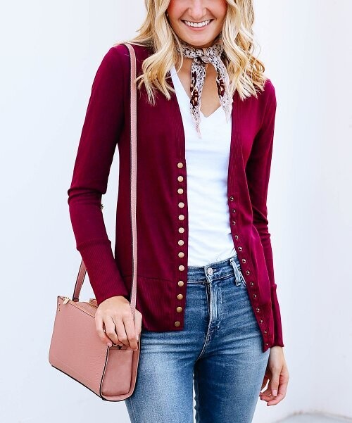 Burgundy Snap-Button Cardigan