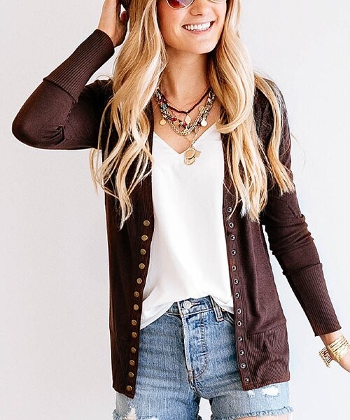 Brown Snap-Button Cardigan