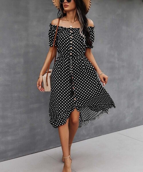 Black Polka Dot Off-Shoulder Ruffle-Hem Midi Dress