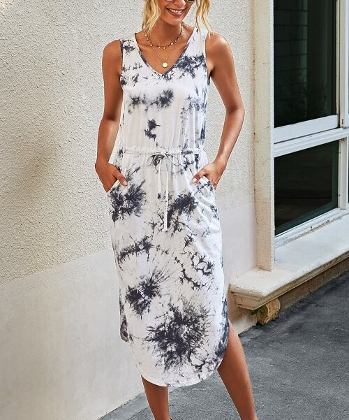 Black & White Tie-Dye Curved-Hem Sleeveless Midi Dress