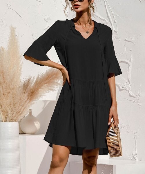 Black Tiered-Skirt Bell-Sleeve V-Neck Dress