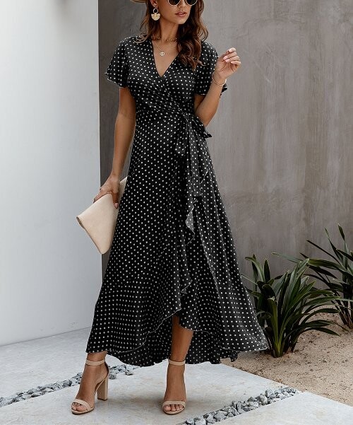 Black Polka Dot Flutter-Sleeve Wrap Dress
