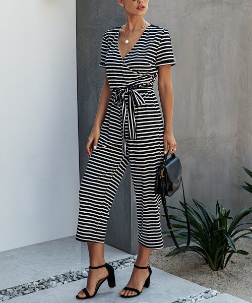Black Stripe Surplice Tie-Waist Crop Jumpsuit Black Stripe Surplice Tie-Waist Crop Jumpsuit