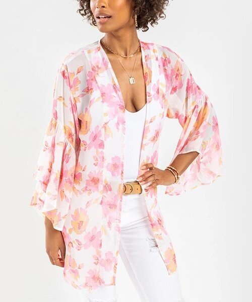 White & Peach Floral Drop-Shoulder Kimono