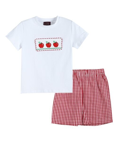 White Apple Smocked Tee & Red Gingham Shorts Set