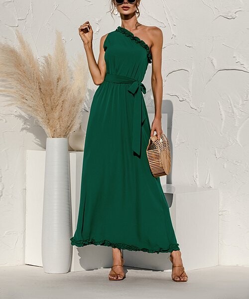 Green Ruffle-Trim Asymmetrical Maxi Dress
