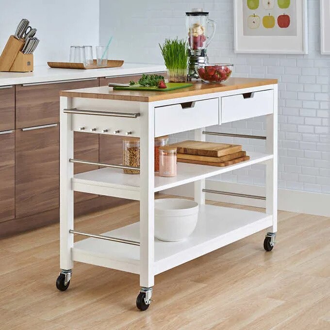 TRINITY 48” Bamboo Kitchen Cart with Drawers, White