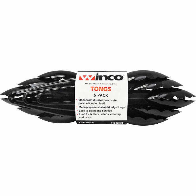 Winco 9" Plastic Tongs, Black, 6 ct