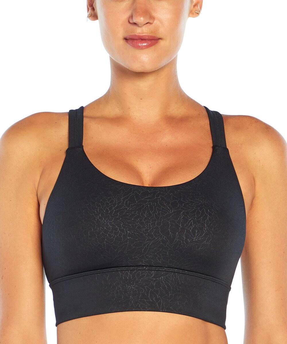 Black Linear Floral-Embossed Lacey Racerback Sports Bra